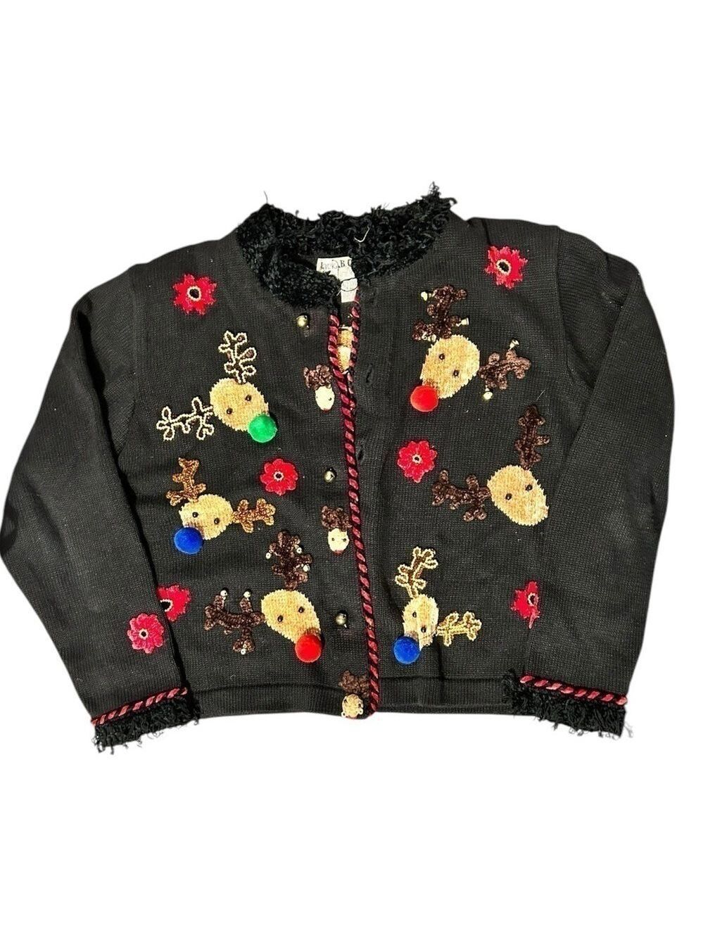 Jack B. Quick Vintage Christmas Sweater Reindeer Bells Poinsettias Size Medium